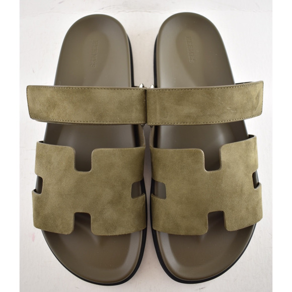 Hermes Chypre Sandal Mens Vert Toundra Green Suede Black H Logo Slide Flat 46 13 - Picture 9 of 16